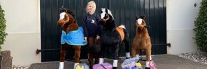 Meisje met verschillende paarden op wieltjes