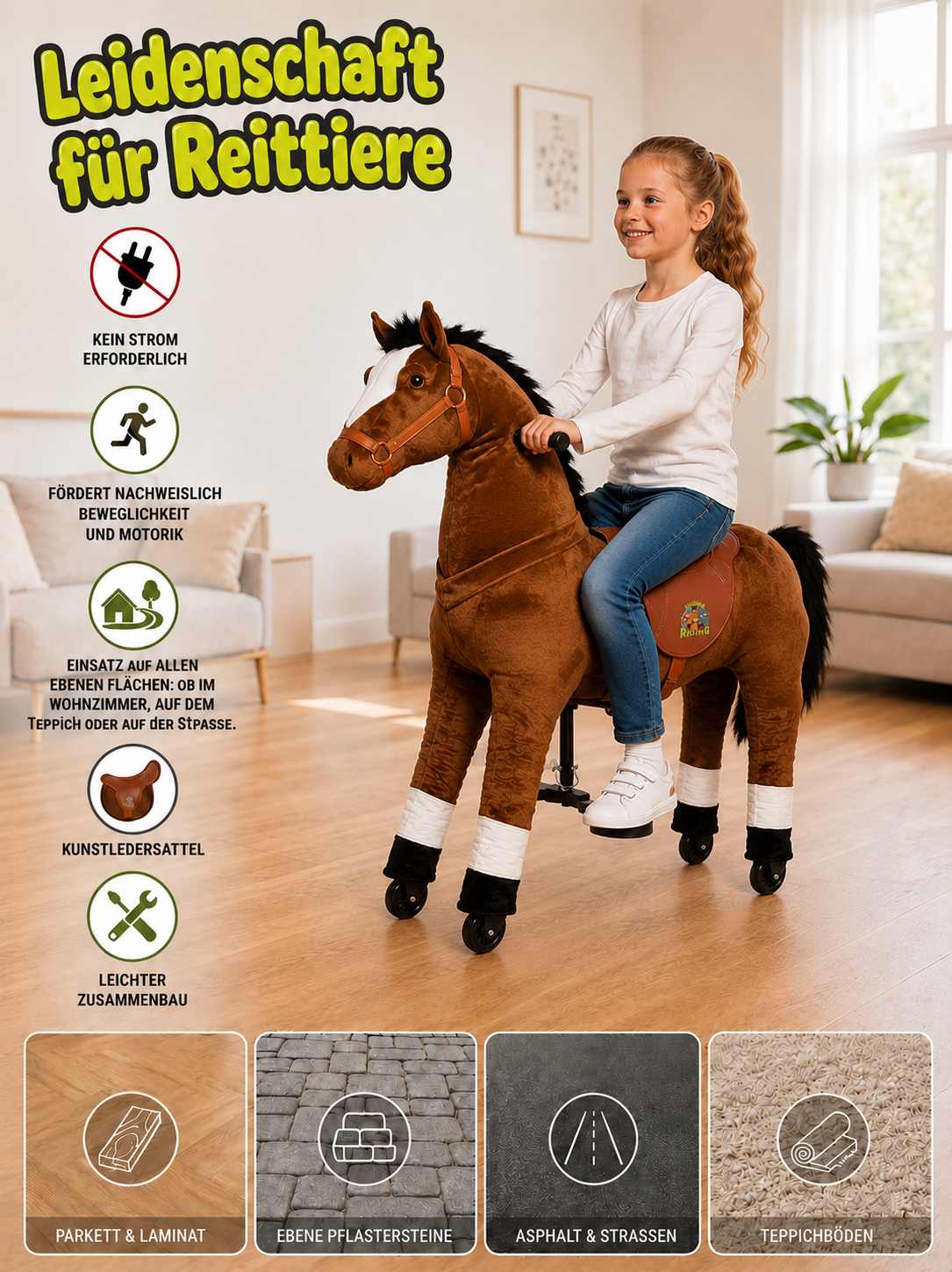 Reitpferd Amadeus (Farbe: braun) – Größe M/L für Kinder von 5 bis 9 Jahren und größer als 110 cm | Tragkraft 80 kg – Bild 5