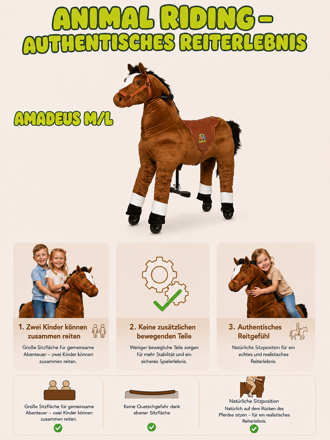 Reitpferd Amadeus (Farbe: braun) – Größe M/L für Kinder von 5 bis 9 Jahren und größer als 110 cm | Tragkraft 80 kg – Bild 3
